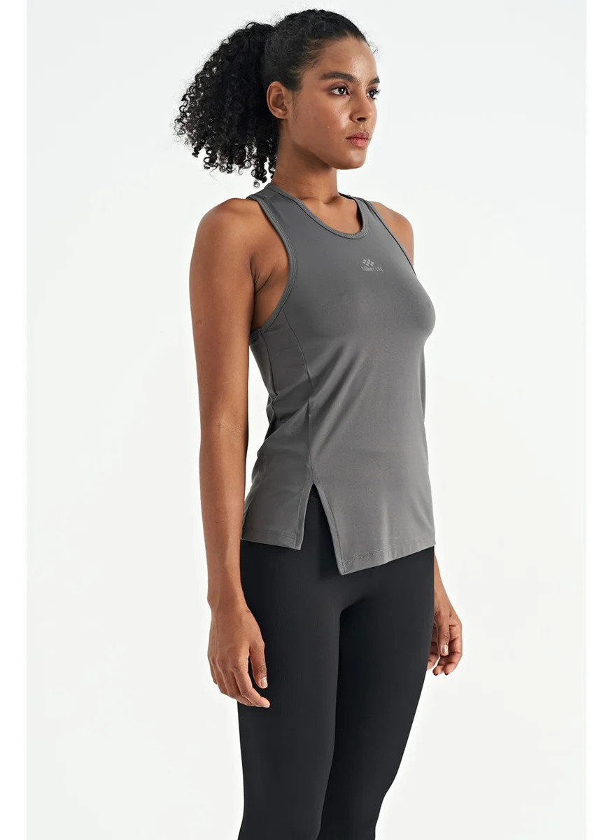 Tommy Life Dark Gray Slit Detailed O Neck Zero Sleeve Standard Pattern Women's Sports Undershirt - 97256