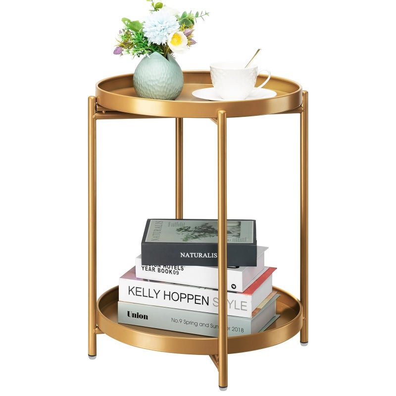 danpinera 2-Tier End Table, Outdoor Side Table Metal Round Side Table with Removable Tray, Small Folding Accent Table, Anti-Rust Nightstand for Bedroom Balcony Patio Living Room (Gold) - Image 1