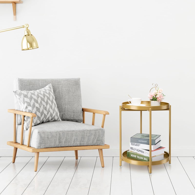 danpinera 2-Tier End Table, Outdoor Side Table Metal Round Side Table with Removable Tray, Small Folding Accent Table, Anti-Rust Nightstand for Bedroom Balcony Patio Living Room (Gold) - Image 4