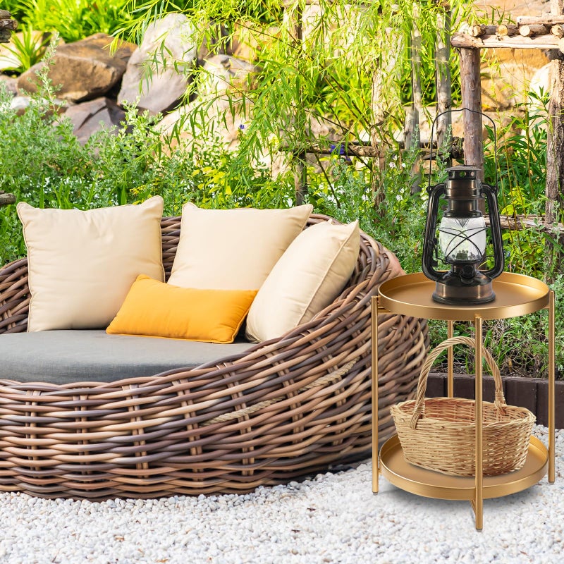 danpinera 2-Tier End Table, Outdoor Side Table Metal Round Side Table with Removable Tray, Small Folding Accent Table, Anti-Rust Nightstand for Bedroom Balcony Patio Living Room (Gold) - Image 3