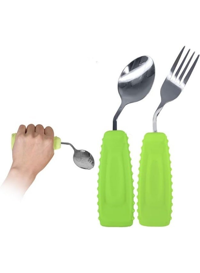 Ehucon Adaptive Utensils  Easy to Hold for Independent Eating, Weighted Utensils for Hand Tremors (left hand, fork+spoon, green) - Image 1