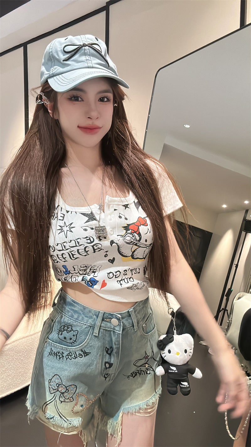 Sweet Spice Girl Cat Printed Short T-Shirt Women'S White Slim-Fit Design Niche Short-Sleeved Top - Image 1