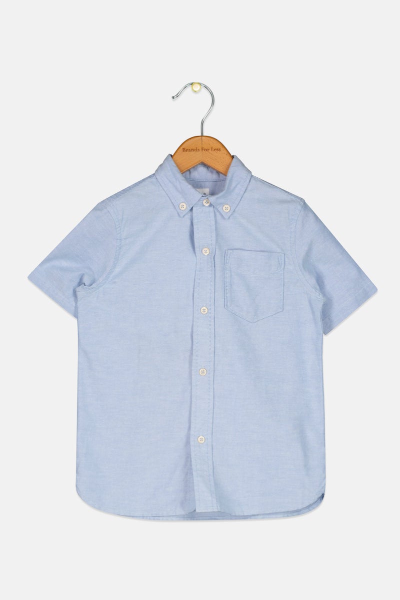 GAP Kids Boy Pointed Collar Short Sleeves Plain Casual Shirt, Blue  - Image 1