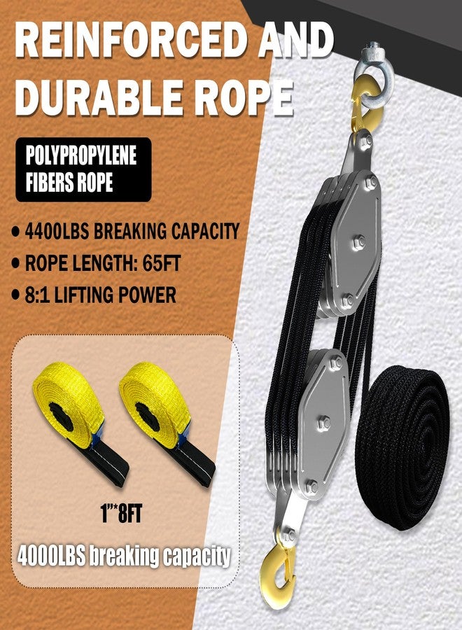 YATOINTO Rope Hoist Pulley System, 4400LB Pulley Block and Tackle, 8:1 Ratio Lifting Power 65ft, Heavy Duty Pulley Block for Lifting Pulling (with 2PCs Straps) - Image 4