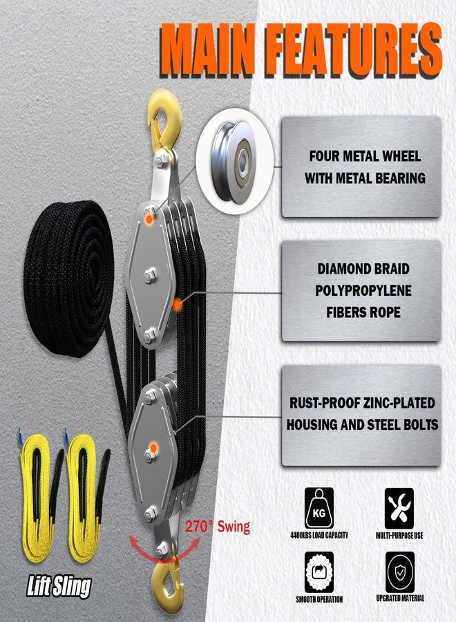 YATOINTO Rope Hoist Pulley System, 4400LB Pulley Block and Tackle, 8:1 Ratio Lifting Power 65ft, Heavy Duty Pulley Block for Lifting Pulling (with 2PCs Straps) - Image 2