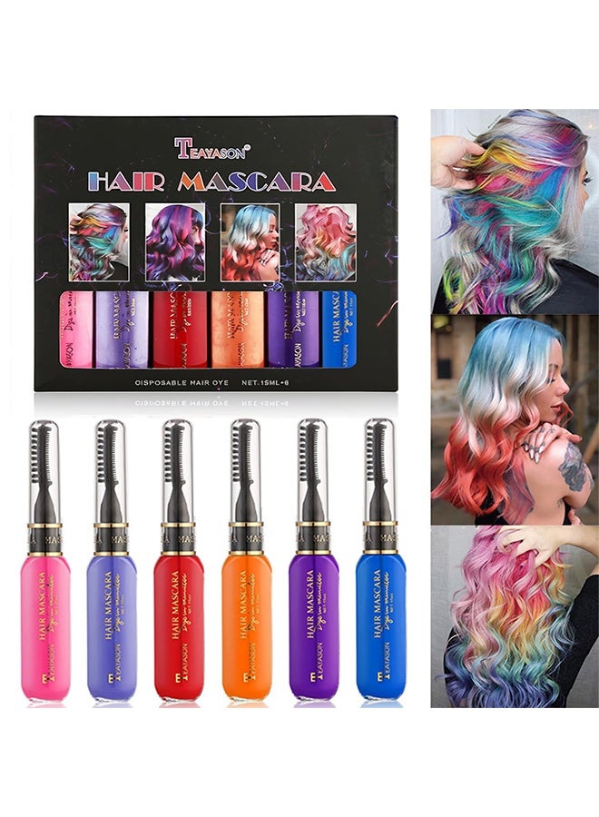 تي ياسون ماسكارا للشعر، مجموعة ماسكارا للشعر مؤقتة بستة ألوان لتلوين الشعر فورًا، صبغة صالون غير سامة، ماسكارا لتلوين الشعر قابلة للغسل، طبشورة لتلوين الشعر - Image 1