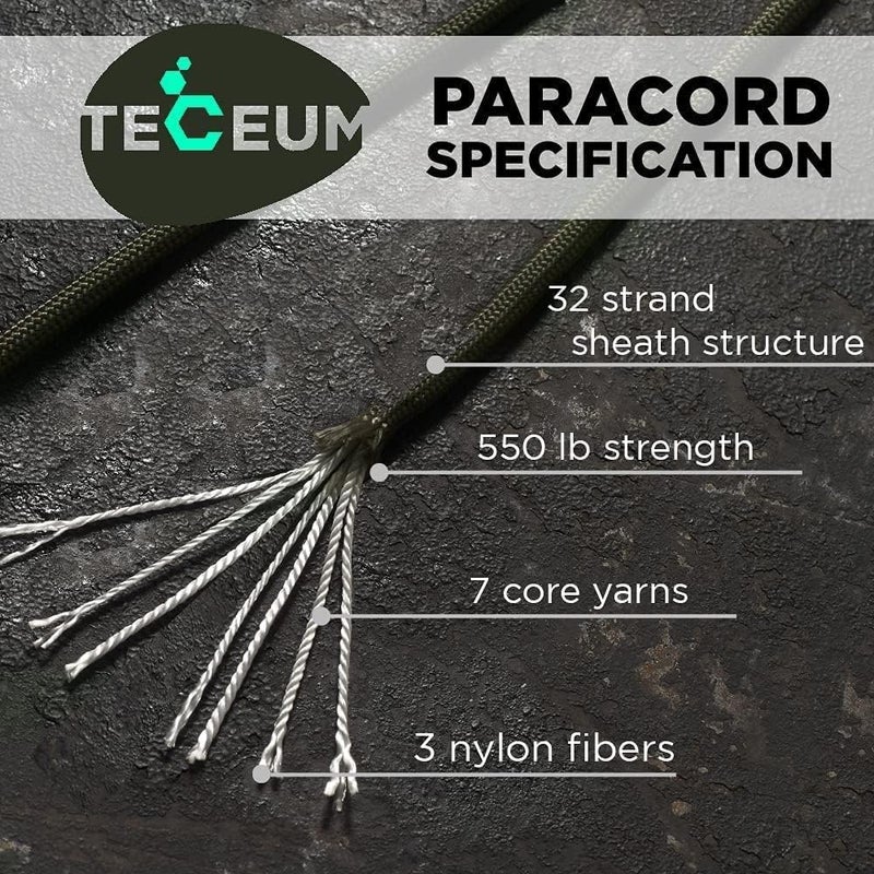 TECEUM Paracord Type III 550 Army Green â€“ 100 ft â€“ 4mm â€“ Tactical Rope MIL-SPEC â€“ Outdoor para Cord â€“Camping Hiking Fishing Gear and Equipment â€“ EDC Parachute Cord â€“ Strong Survival Rope 010 - Image 2