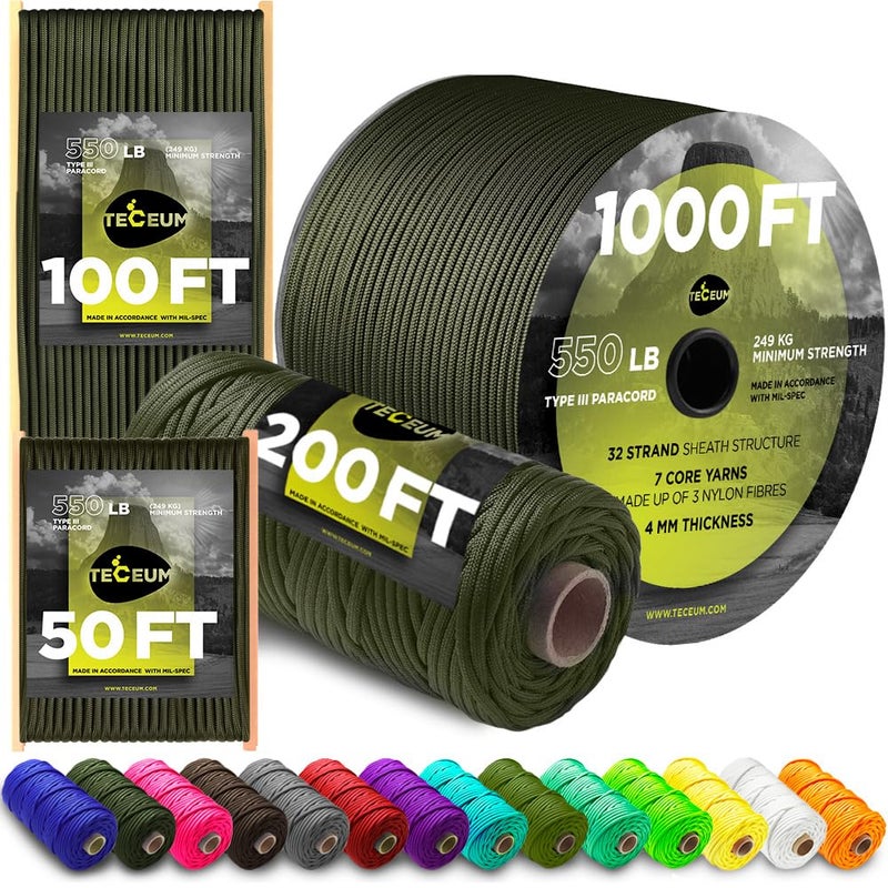 TECEUM Paracord Type III 550 Army Green â€“ 100 ft â€“ 4mm â€“ Tactical Rope MIL-SPEC â€“ Outdoor para Cord â€“Camping Hiking Fishing Gear and Equipment â€“ EDC Parachute Cord â€“ Strong Survival Rope 010 - Image 1