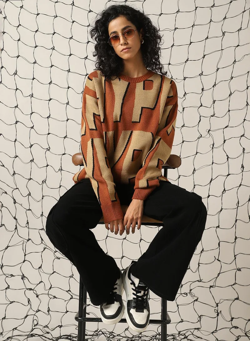 هوبرهولمي Women's Multicoloured 100% Acrylic Embellished Oversized Sweater