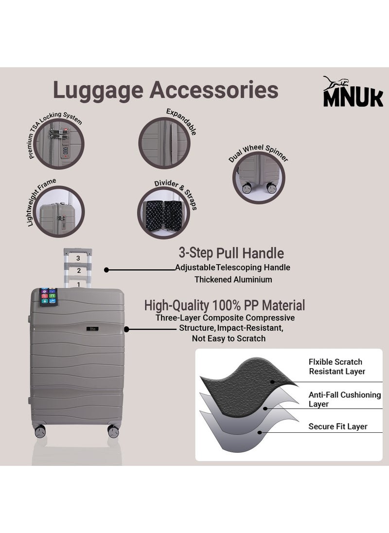 MNUK - Viajero Check-in Luggage- 24 Inch | PP Material Hard-side Smooth and comfortable Luggage Trolley with TSA Lock | Double 360° 4 Wheeler| Medium- Grey - Image 1