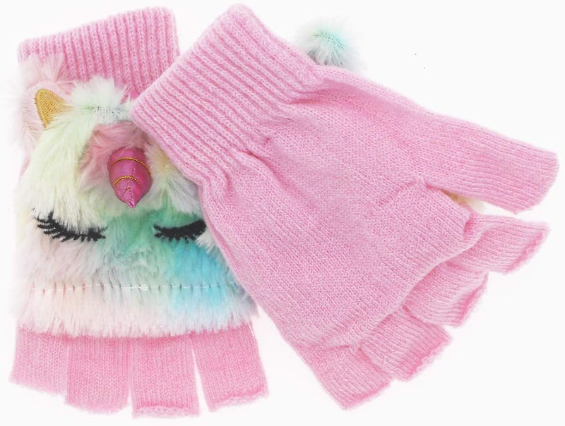 Newfancy Kids Unicorn Flip Top Gloves with Mitten Cover Knitted Winter Fingerless Convertible Mittens for Boy Girls Toddler - Image 3