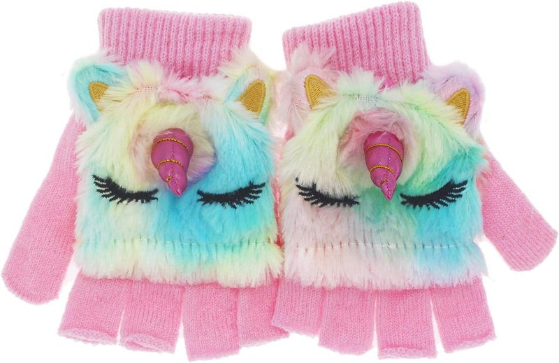 Newfancy Kids Unicorn Flip Top Gloves with Mitten Cover Knitted Winter Fingerless Convertible Mittens for Boy Girls Toddler - Image 1
