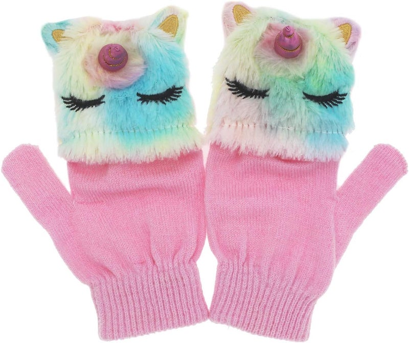 Newfancy Kids Unicorn Flip Top Gloves with Mitten Cover Knitted Winter Fingerless Convertible Mittens for Boy Girls Toddler - Image 2