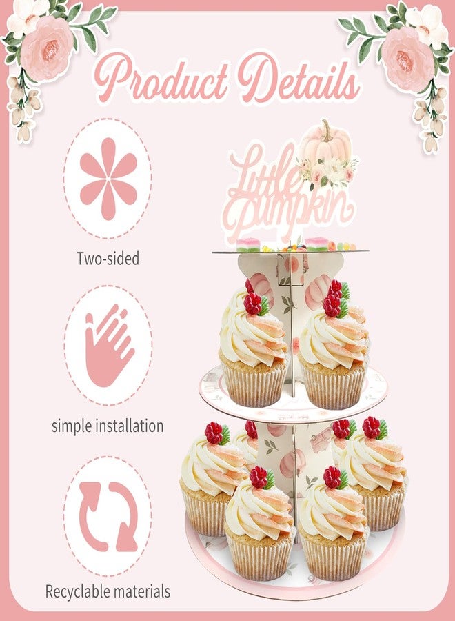 Aukolass Pumpkin Cupcake Stand, 3 Tier Little Pumpkin Cardboard Cupcake Stand Tower for Autumn Fall Birthday Party Family Reunion Halloween Party Supplies Dessert Tower (Pink) - Image 3