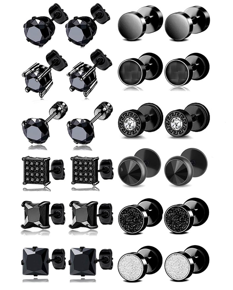 Ofeiyaa 12 Pairs Stainless Steel Stud Earrings Cubic Zirconia Cartilage Barbell Earring Set for Women Men Black Silve Plated 8mm - Image 1