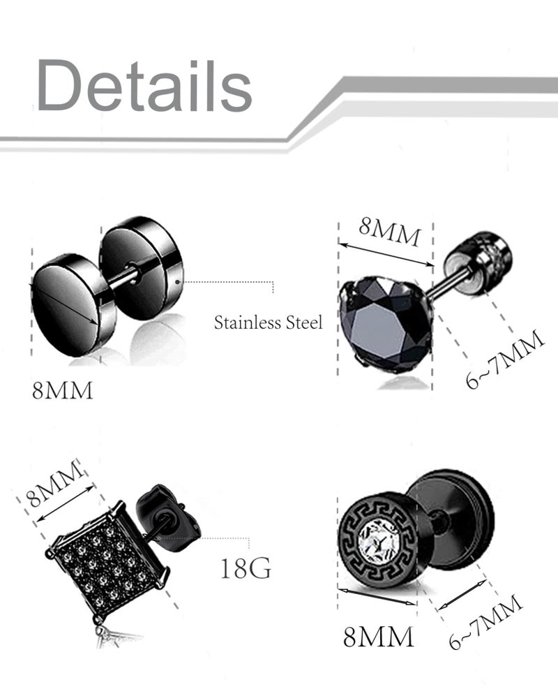 Ofeiyaa 12 Pairs Stainless Steel Stud Earrings Cubic Zirconia Cartilage Barbell Earring Set for Women Men Black Silve Plated 8mm - Image 2