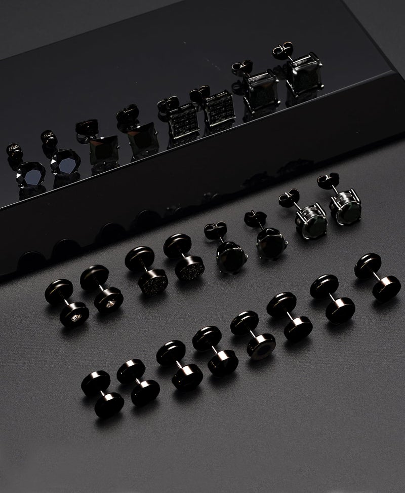 Ofeiyaa 12 Pairs Stainless Steel Stud Earrings Cubic Zirconia Cartilage Barbell Earring Set for Women Men Black Silve Plated 8mm - Image 5