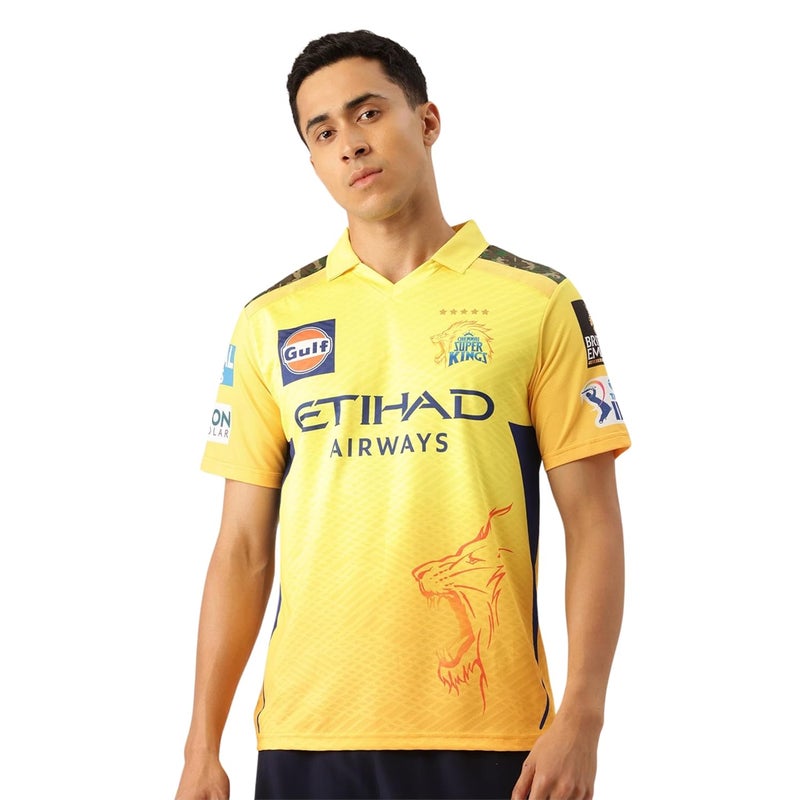 playR Men's Geometric Regular Fit Chennai Super Kings Authentic Match Jersey IPL 2025 Adult Dhoni 7 Half Sleeve - Image 1