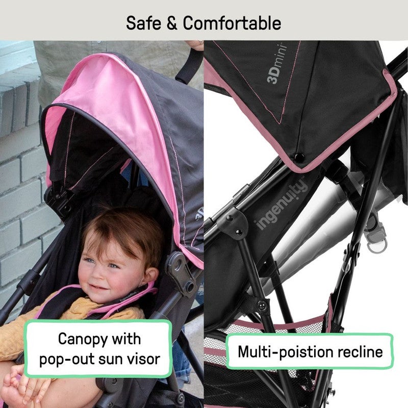Ingenuity - 3Dmini Convenience Stroller, Lightweight Travel Stroller with Sun Visor & Recline, Ages 6–60 Months - Pink - Image 4