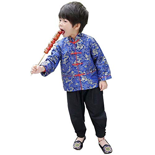 SZCQ Little Boys Dragon Tang Coat Long Sleeve Chinese Clothing Children Costumes Boy Jackets Outfit Tops (Blue,8) - Image 3