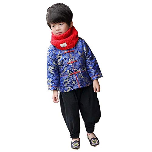 SZCQ Little Boys Dragon Tang Coat Long Sleeve Chinese Clothing Children Costumes Boy Jackets Outfit Tops (Blue,8) - Image 5