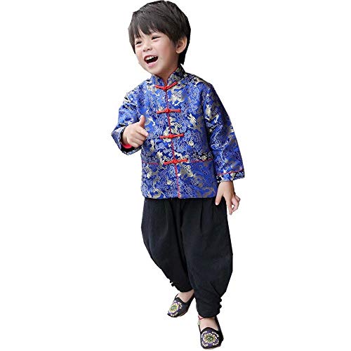 SZCQ Little Boys Dragon Tang Coat Long Sleeve Chinese Clothing Children Costumes Boy Jackets Outfit Tops (Blue,8) - Image 4