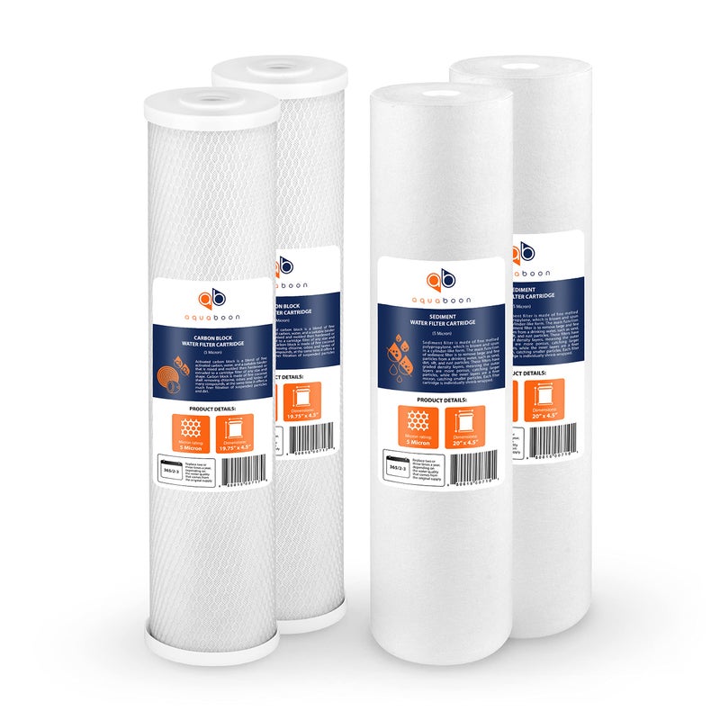 Aquaboon 5 Micron 20 x 45 Water Filter Cartridges Set of 4 Whole House Water Filter Replacements for 2Stage Sediment Chlorine Odors Reduction