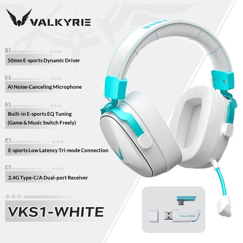 Valkyrie VK S1 Wireless Gaming Headset 3-Mode Bluetooth HiFi 50mm Large Dynamic Drivers, White - Image 1