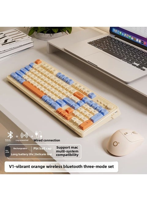 V1 Wireless Keyboard And Mouse Suit Mute Mechanical Feel Girls Computer Office Games Bluetooth Keyboard And Mouse-Color:Mechanical Feel-v1-vibrant Orange White Light Three-mode Set [bluetooth 5.0+2.4g Wireless+wired]-package 1
