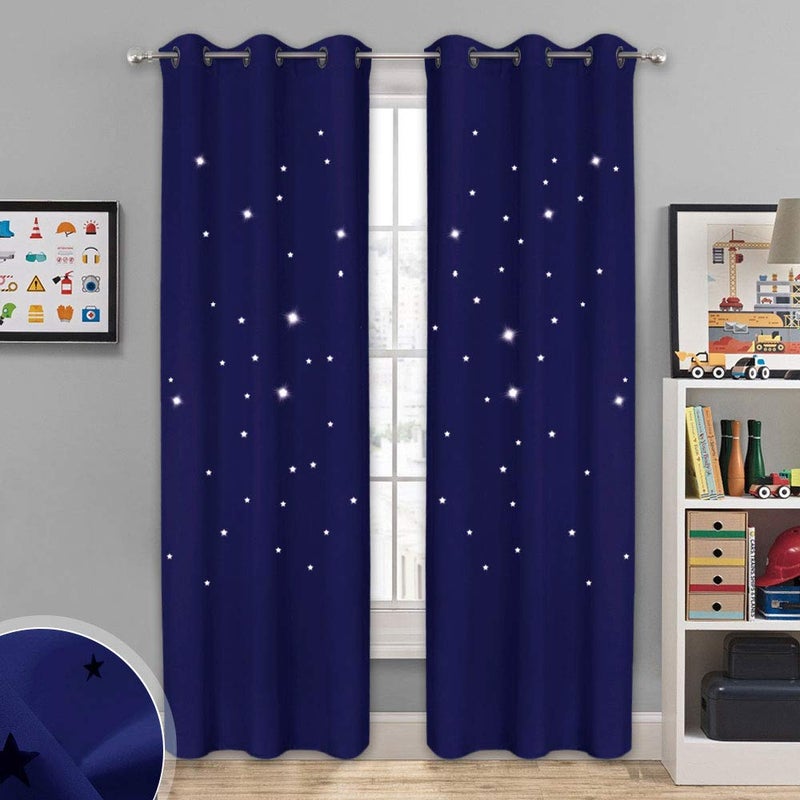 NICETOWN Star Themed Kids Curtains  Grommet Top Thermal Insulated Window Draperies with Die Cut Stars BedroomHome TheaterLiving Room 42 inches Width 84 inches Length Navy Blue 2 PanelsAdult - Image 1