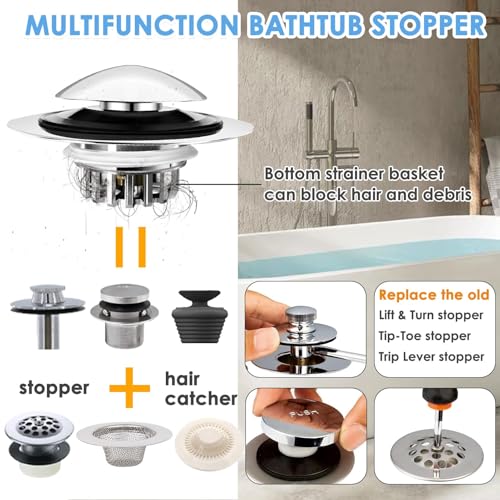 BAOLSLS Bathtub Drain Stopper, Pop Up Tub Drain Hair Catcher, Bath Tub Drain Plug and Cover for 1.45-1.8in Drain Hole, Replaces Lift and Turn, Tip Toe or Trip Lever, Silver - Image 2