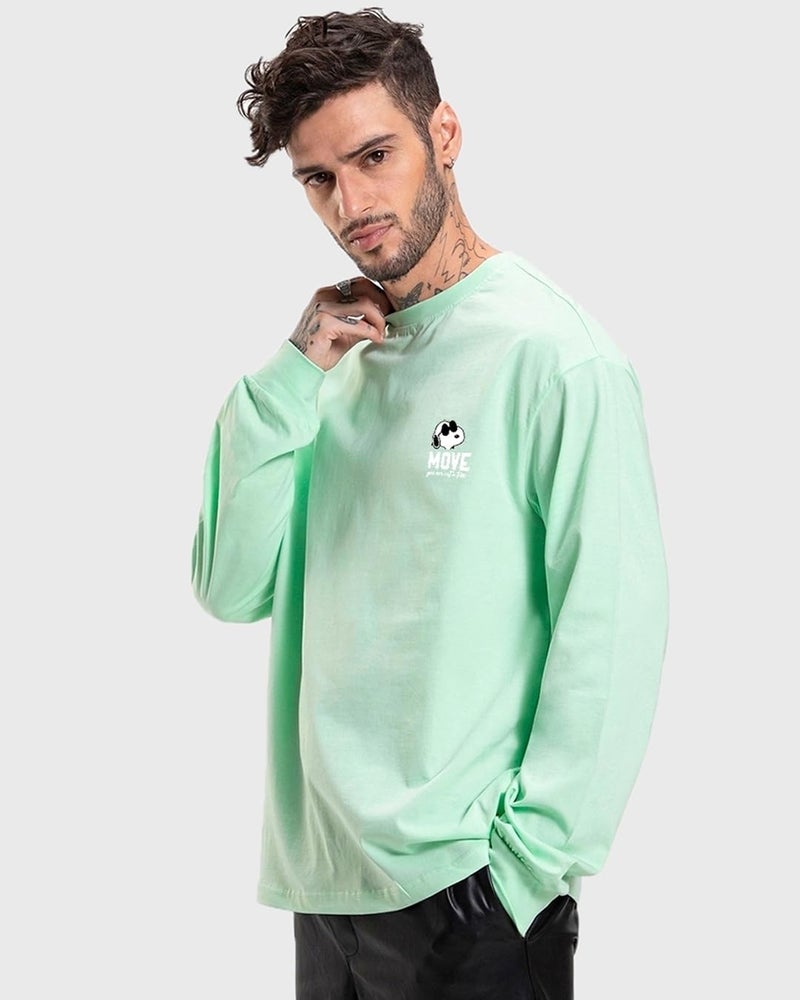 Bewakoof Men's Cotton Move On Graphic Printed T-Shirt, Oversized Fit, Round Neck, Full Sleeve_587155_Green_Medium - Image 4