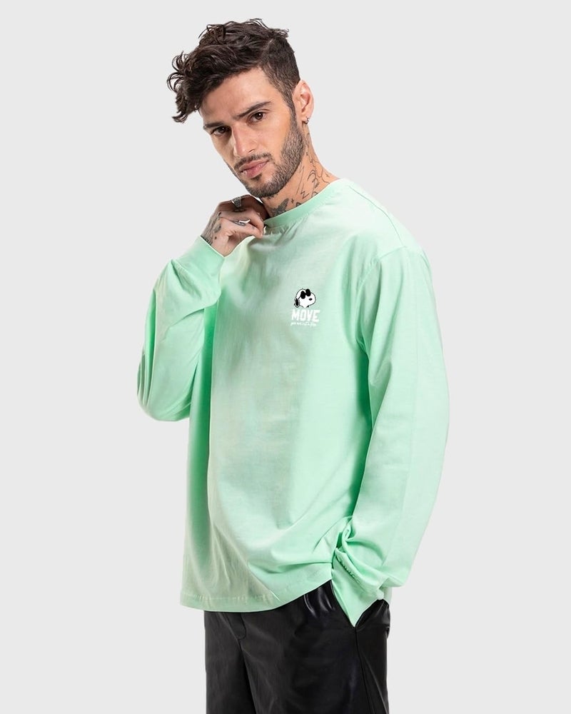 Bewakoof Men's Cotton Move On Graphic Printed T-Shirt, Oversized Fit, Round Neck, Full Sleeve_587155_Green_Medium - Image 2