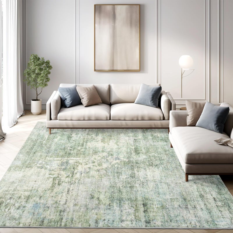 Soalmost Abstract Rug 5x7 Machine Washable Area Indoor Green Low Pile Non-Slip Foldable Thin Accent Rugs for Bedroom Living Room Dining Room - Image 1