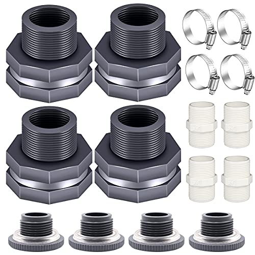 Tnuocke 4PCS PVC Bulkhead Fitting 3/4 Inch with Plugs,water Pipe Connector,(21-38mm) Hose Clamps Kit,Water Tank Connector Adapter,Thru-Bulk Pipe Fitting for Rain Barrels,Water Tanks,Pools(Grey) H-07 - Image 1