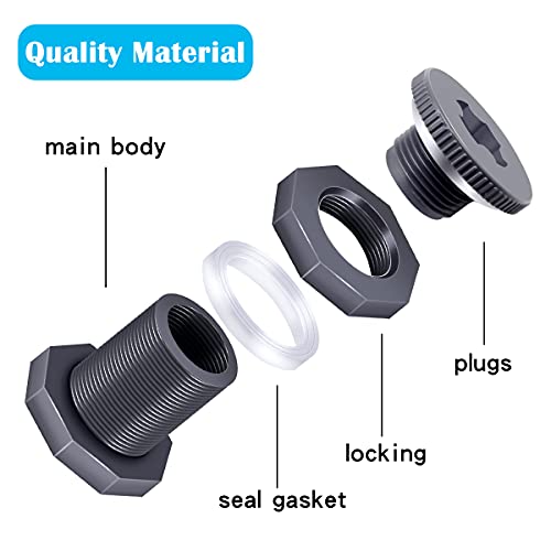 Tnuocke 4PCS PVC Bulkhead Fitting 3/4 Inch with Plugs,water Pipe Connector,(21-38mm) Hose Clamps Kit,Water Tank Connector Adapter,Thru-Bulk Pipe Fitting for Rain Barrels,Water Tanks,Pools(Grey) H-07 - Image 2