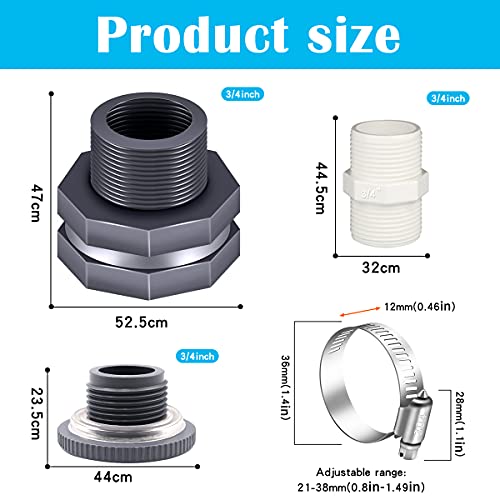 Tnuocke 4PCS PVC Bulkhead Fitting 3/4 Inch with Plugs,water Pipe Connector,(21-38mm) Hose Clamps Kit,Water Tank Connector Adapter,Thru-Bulk Pipe Fitting for Rain Barrels,Water Tanks,Pools(Grey) H-07 - Image 3
