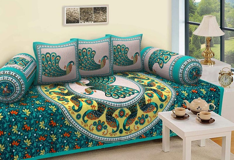 Orchid Homz Jaipuri Peacock Print Pure Cotton Diwan Set for Living Room,(1 Single Bedsheet, 3 Cushion Covers, 2 Bolster Covers) Set of 6 Size (60x90) Green - Image 1