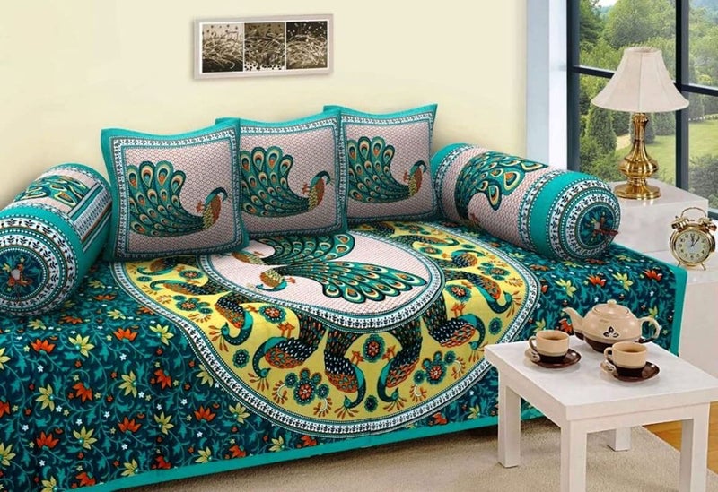 Orchid Homz Jaipuri Peacock Print Pure Cotton Diwan Set for Living Room,(1 Single Bedsheet, 3 Cushion Covers, 2 Bolster Covers) Set of 6 Size (60x90) Green - Image 2