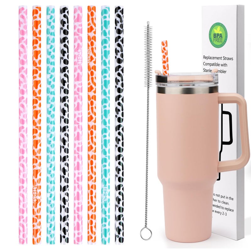 AIERSA AIERSA 8 Pack Leopard Straw Replacement 40oz for Stanley Plastic Reusable Straw for Stanley Adventure Quencher Travel Tumbler Long Straws with Cleaning Brush for Stanley Cup Accessories