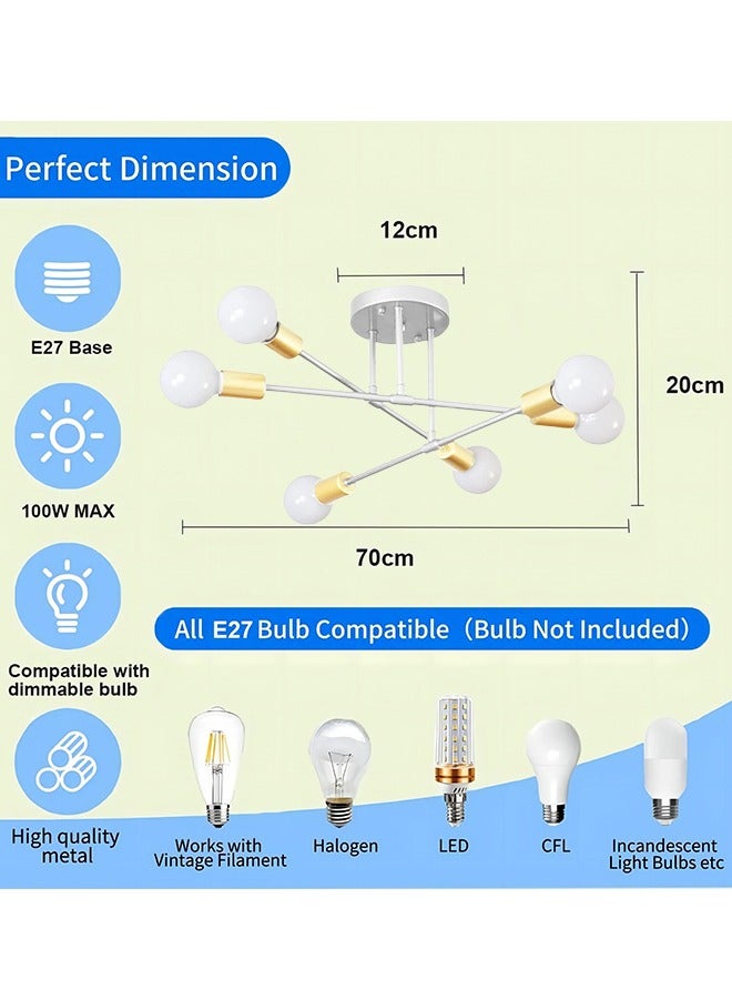 MIXDE Chandelier, Modern Ceiling Lighting, 6 Lights E27 Adjustable Industrial Mount Pendant Light Fixture for Kitchen, Living Room , Dining Room, Bedroom Foyer, White Gold, Bulbs Not Included - Image 2