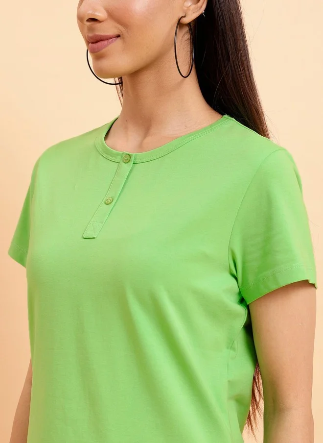 MINT STREET Green Henley Neck Cotton T-Shirt for Women