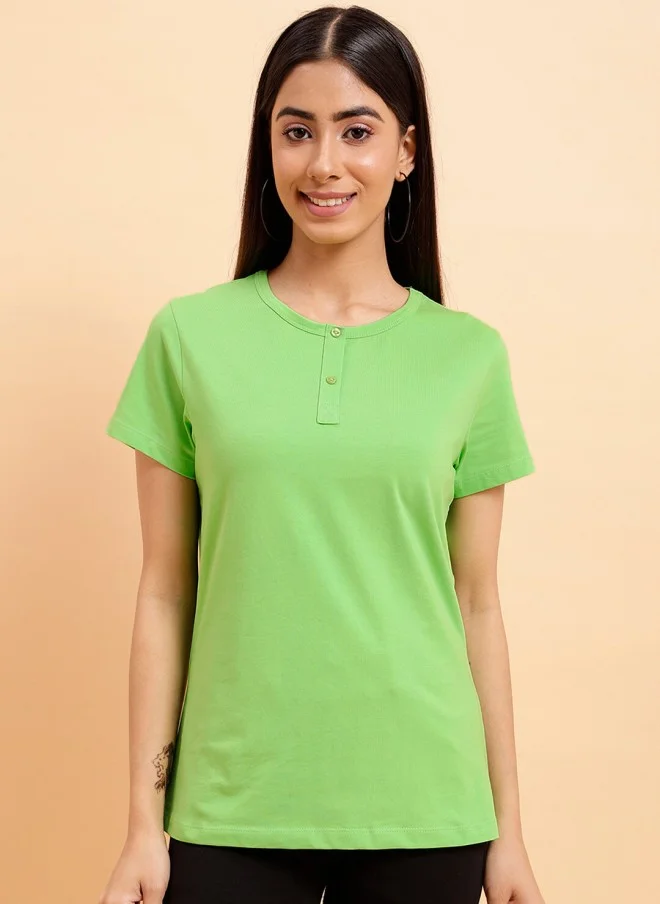 MINT STREET Green Henley Neck Cotton T-Shirt for Women