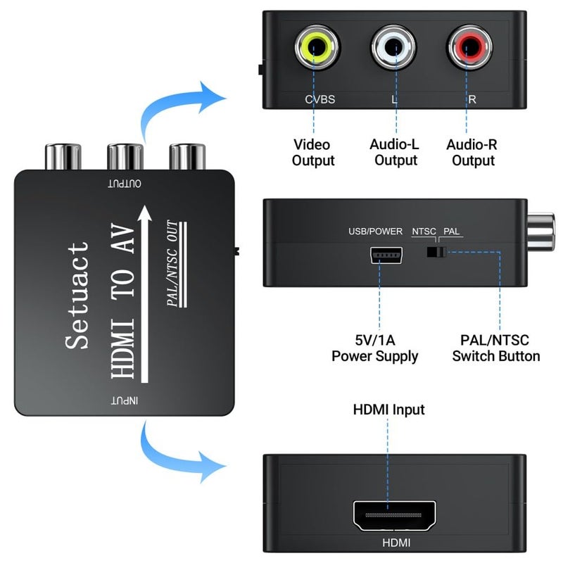 Setuact HDMI to AV Converter, HDMI to RCA Converter, Supports PAL/NTSC for Apple TV, Roku, Fire Stick, Blu-ray, DVD Player, Older TV, Projector, (with Male RCA Cables) - Image 2