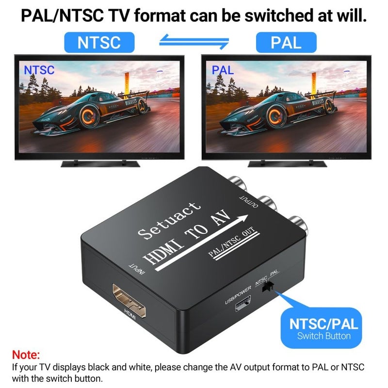 Setuact HDMI to AV Converter, HDMI to RCA Converter, Supports PAL/NTSC for Apple TV, Roku, Fire Stick, Blu-ray, DVD Player, Older TV, Projector, (with Male RCA Cables) - Image 4