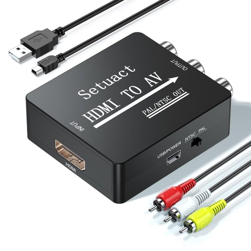 Setuact HDMI to AV Converter, HDMI to RCA Converter, Supports PAL/NTSC for Apple TV, Roku, Fire Stick, Blu-ray, DVD Player, Older TV, Projector, (with Male RCA Cables) - Image 1