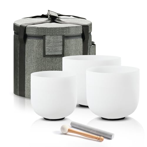 CVNC 432HZ Sound Healing Set of 3 Crystal Singing Bowls, Frosted Chakra Quartz Crystal Sound Bowl with Carry Bags 7'' C Root 8'' F Heart 9'' G Throat - Image 1
