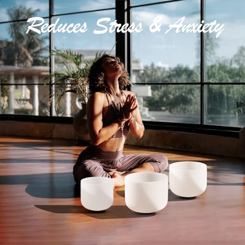 CVNC 432HZ Sound Healing Set of 3 Crystal Singing Bowls, Frosted Chakra Quartz Crystal Sound Bowl with Carry Bags 7'' C Root 8'' F Heart 9'' G Throat - Image 2