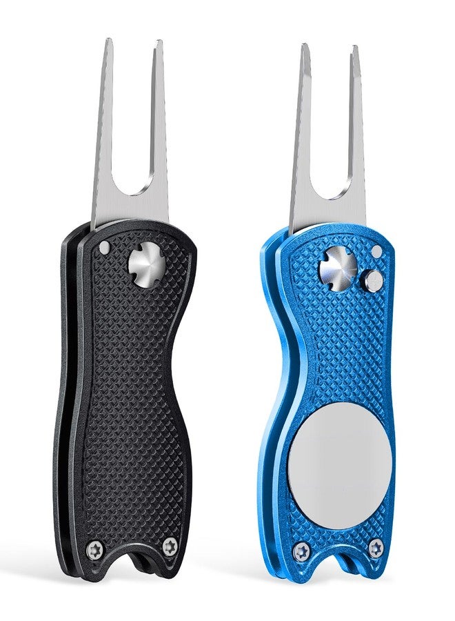 GreenHaven 2 Pack Golf Divot Repair Tool for Golfers Foldable Metal Green Tool with Magnetic Putt Alignment Ball Marker Pop-up Fork Tine with Sturdy Aluminum Alloy Handle (Blue&Black) - Image 1