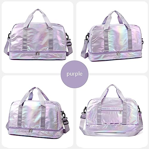 Aikelai Holographic Shimmering Gym Duffle Bag with Shoes Compartment Wet Pocket Women Weekend Overnight Travel Bag Gymnastic Dance Bag for Girl purple - Image 3
